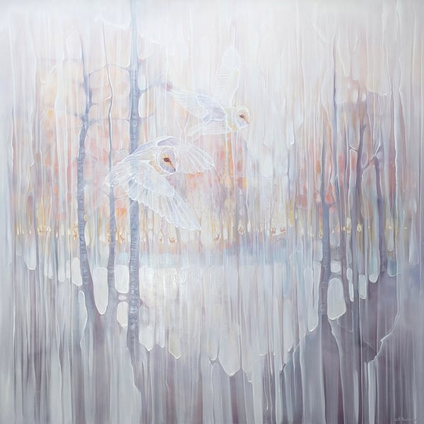 Out Of This World is a white, neutral toned, magical realism painting with owls