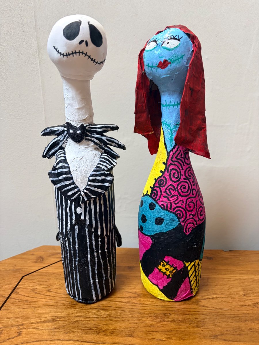 Hand Sculpted Skeleton & Patchwork Ragdoll Bottle Sculptures Spooky Couple