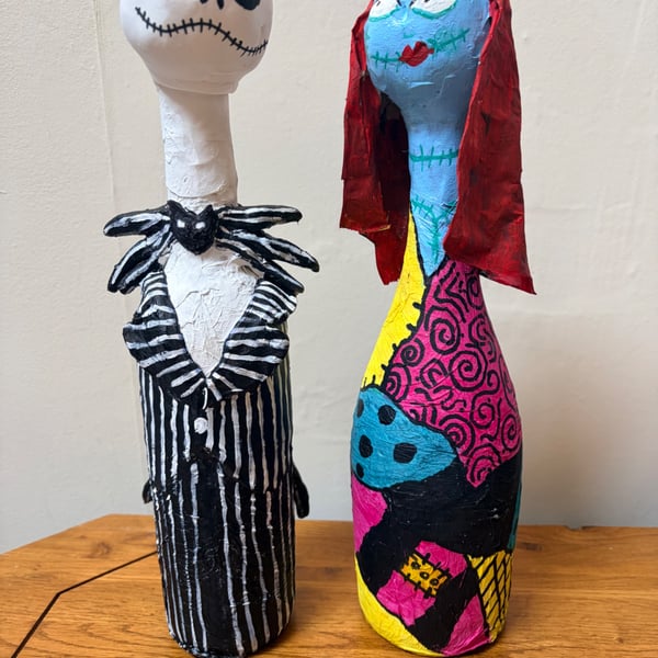 Hand Sculpted Skeleton & Patchwork Ragdoll Bottle Sculptures Spooky Couple
