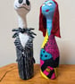 Hand Sculpted Skeleton & Patchwork Ragdoll Bottle Sculptures Spooky Couple