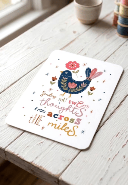 Sending You Tweet Thoughts Illustrated Note Card – A6 Folk Bird Design