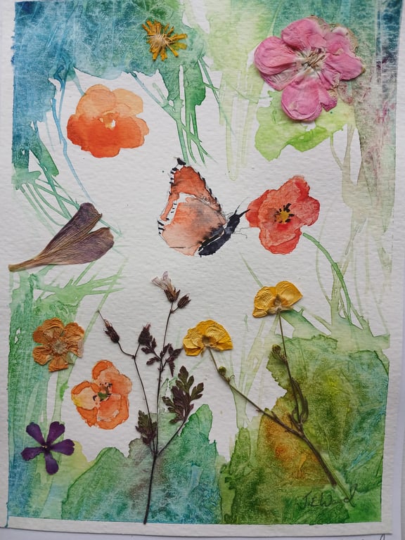 Butterfly Watercolour and Pressed flowers 