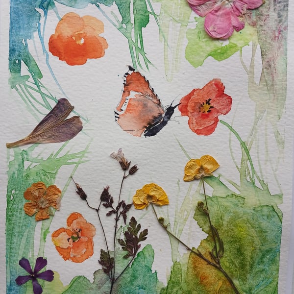 Butterfly Watercolour and Pressed flowers 