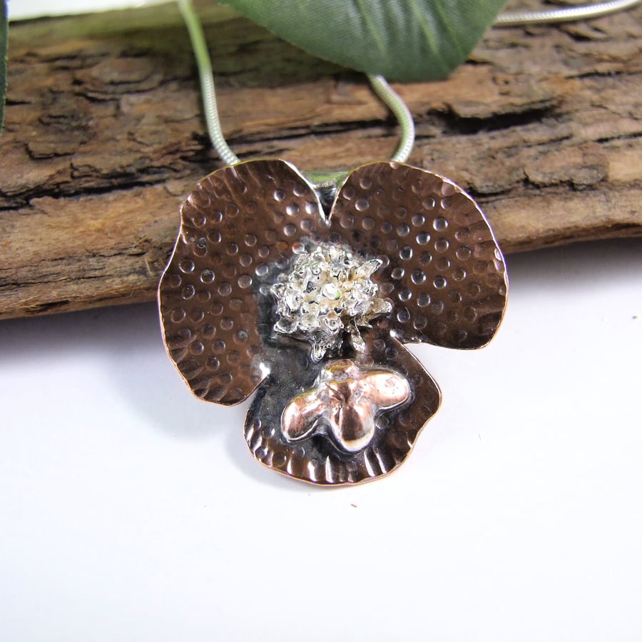 Flower and Bee Pendant, Sterling Silver and Copper Artisan Necklace