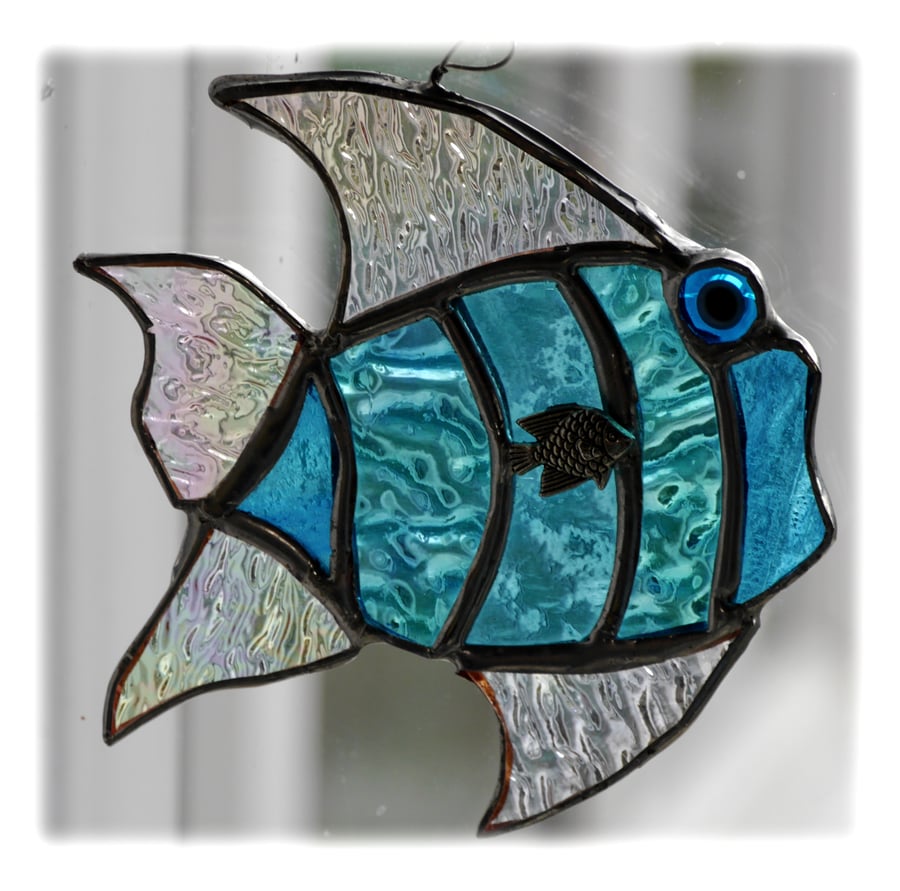 Tropical Fish Suncatcher Stained Glass Handmade Turquoise 027