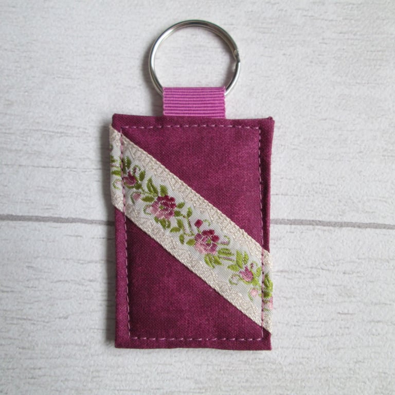 Plum Coloured Keyring with vintage braid, Luggage Tag, Bag Tag