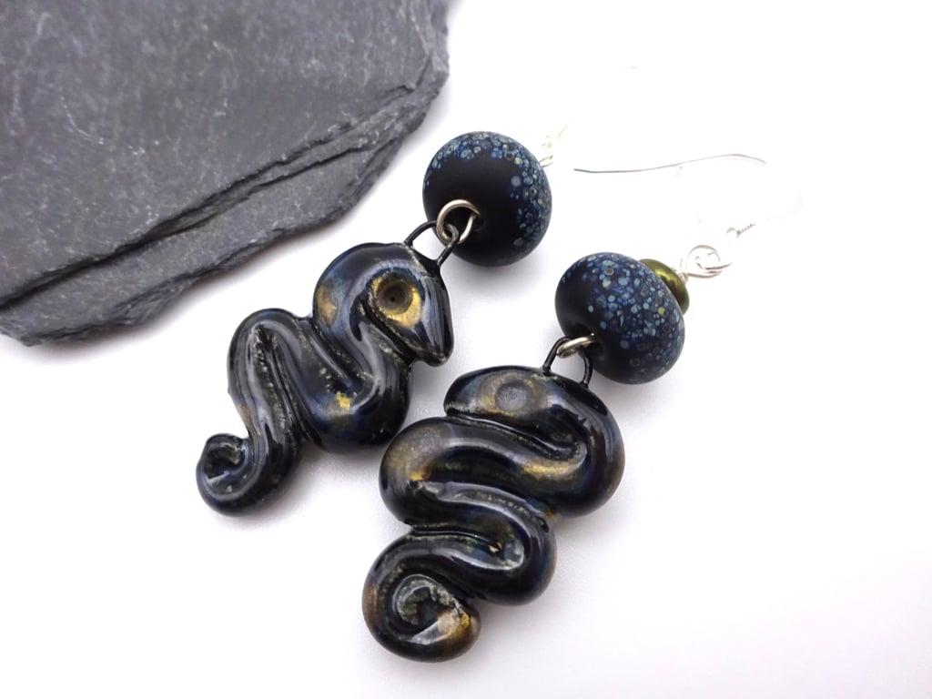 black lampwork glass and ceramic serpent earrings