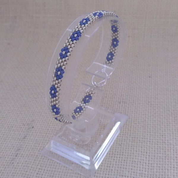 Soft Blue and Silver Daisy Seed Beaded Bracelet