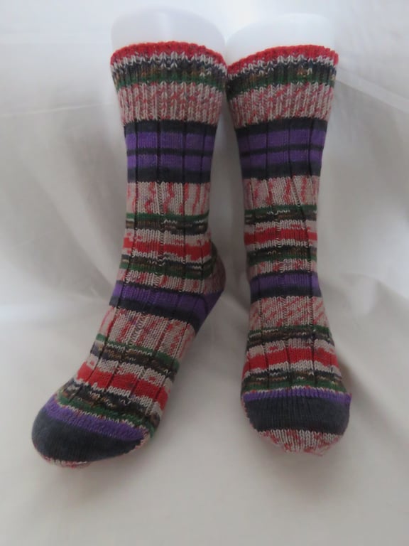 Hand-cranked Knitted Ribbed Wool Socks Size 4 to 5