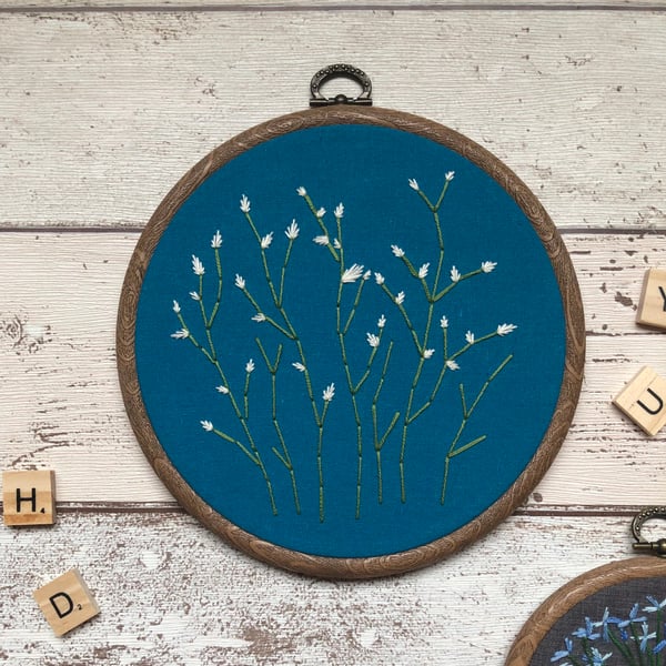 Floral Embroidery Art Hoop, Teal, Babies breath 