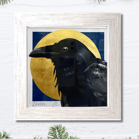 Corvid Moon - Raven Wildlife Art Print with Genuine Gold Leaf 