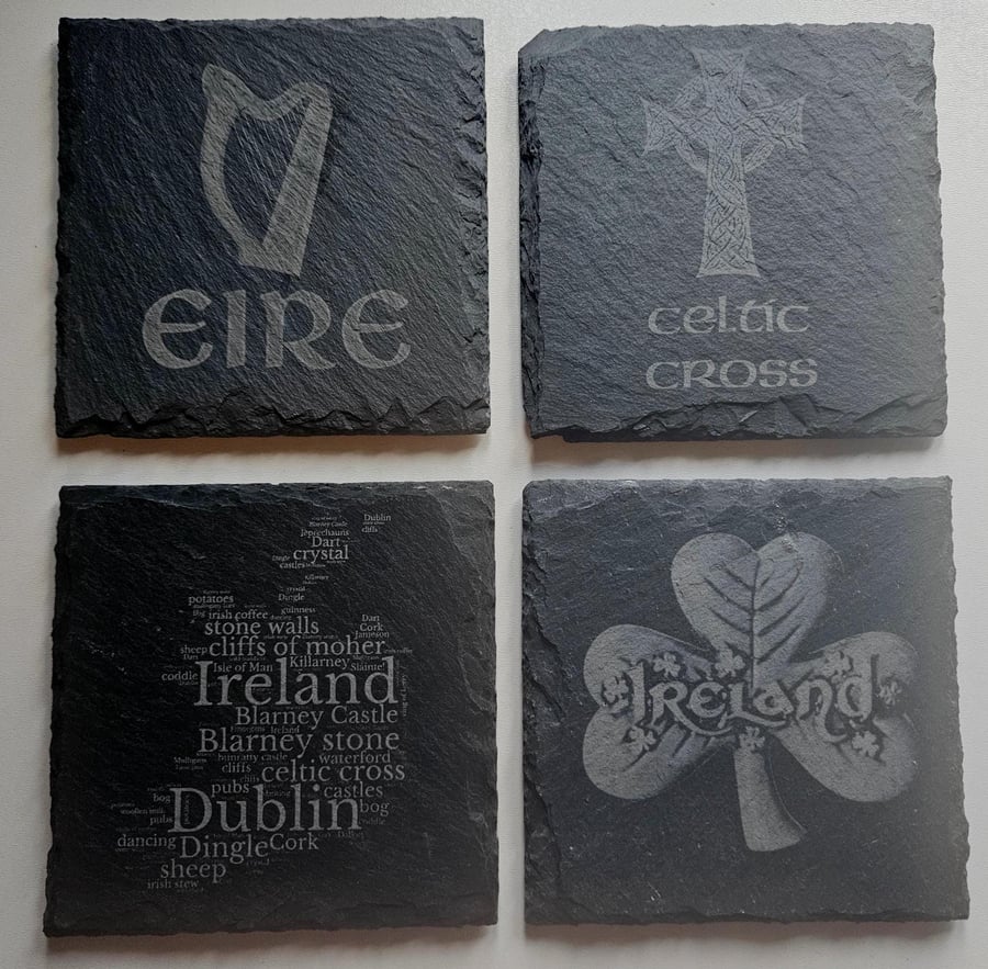 Image of Set of 4 Ireland Irish Eire Slate Coasters, Rustic, Celtic - Shamrock - Harp