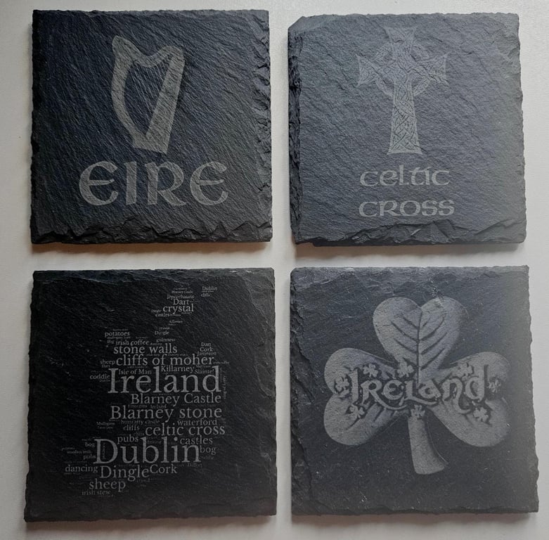 Set of 4 Ireland Irish Eire Slate Coasters, Rustic, Celtic - Shamrock - Harp