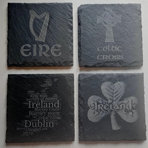 Set of 4 Ireland Irish Eire Slate Coasters, Rustic, Celtic - Shamrock - Harp