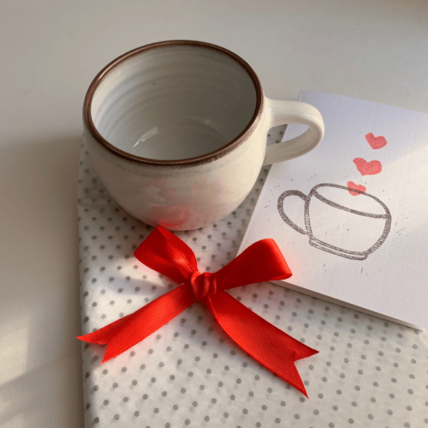Handmade Mug, Handprinted Card & Hot Chocolate, stoneware, tea cup or coffee mug
