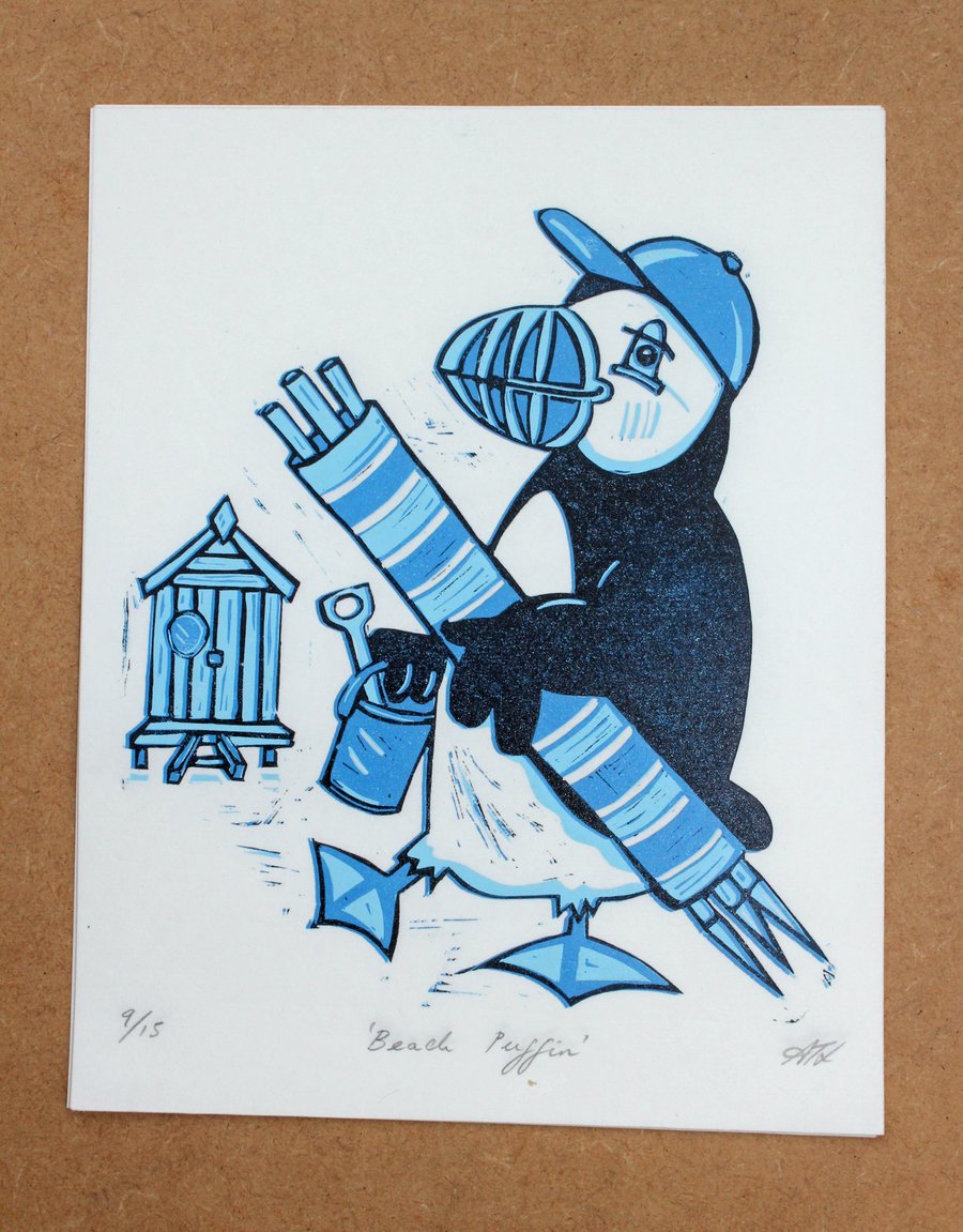 Beach Puffin Lino-cut Print 