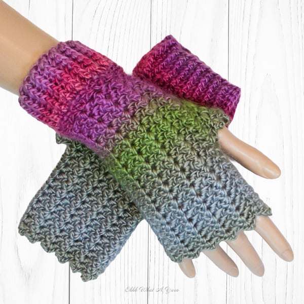 Crochet gloves. Pink and green ladies finger less gloves.  Fingerless mitts. 
