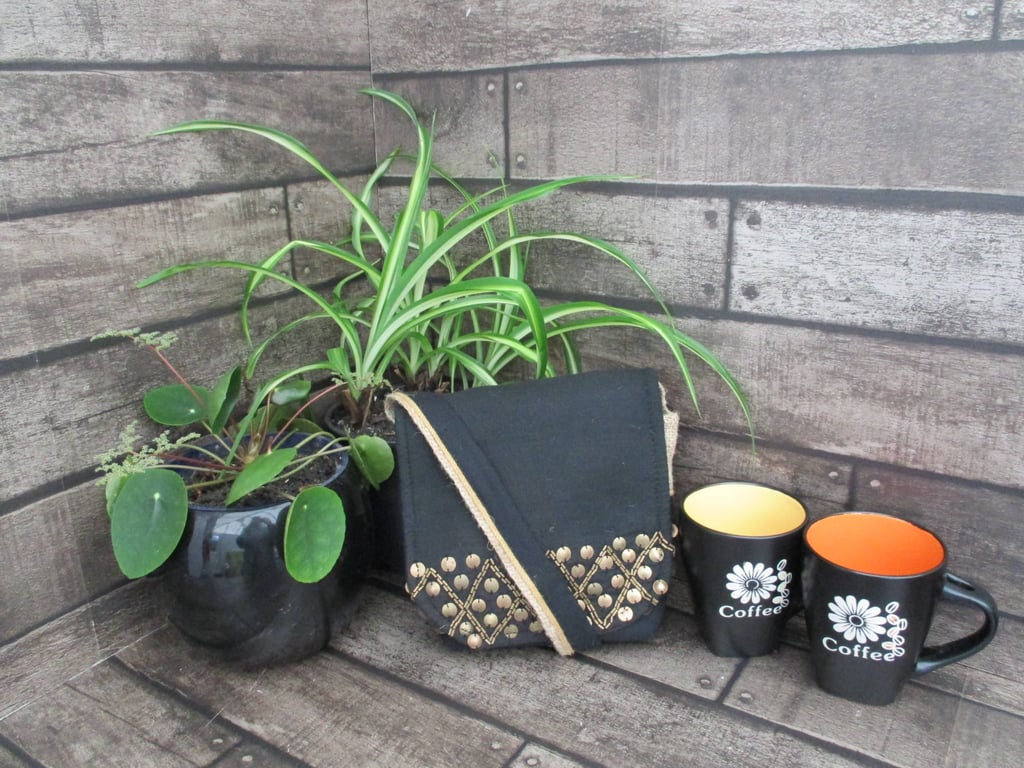 Upcycled Coffee Sack-Mini Shoulder Bag-Black with Bronze coloured decoration
