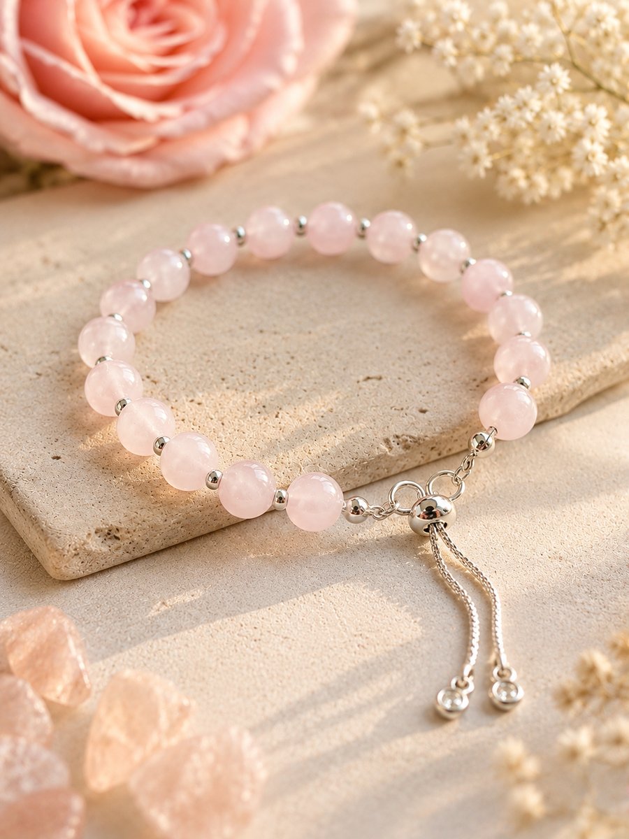 Handmade Genuine Rose Quartz Adjustable Bracelet 