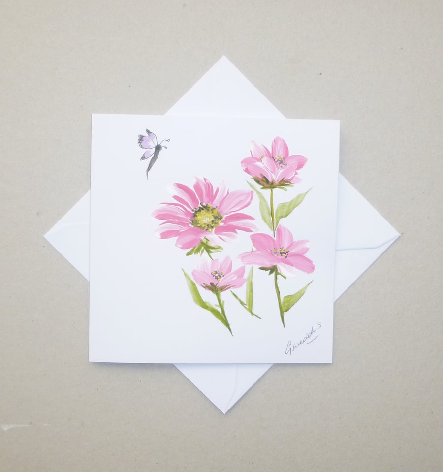 hand painted daisies original art greetings card ( ref FA83 A7 )