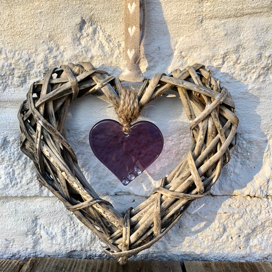Glass & Wicker Hanging Heart - Purple with co-ordinating Ribbon