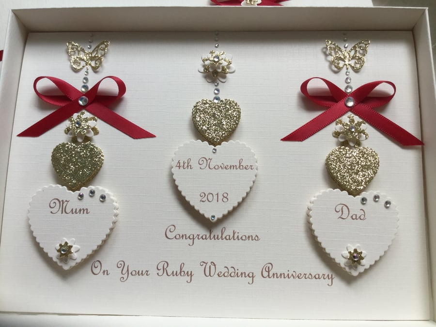 Personalised Handmade Ruby Wedding Anniversary Card 40th Mum Dad Gift Boxed