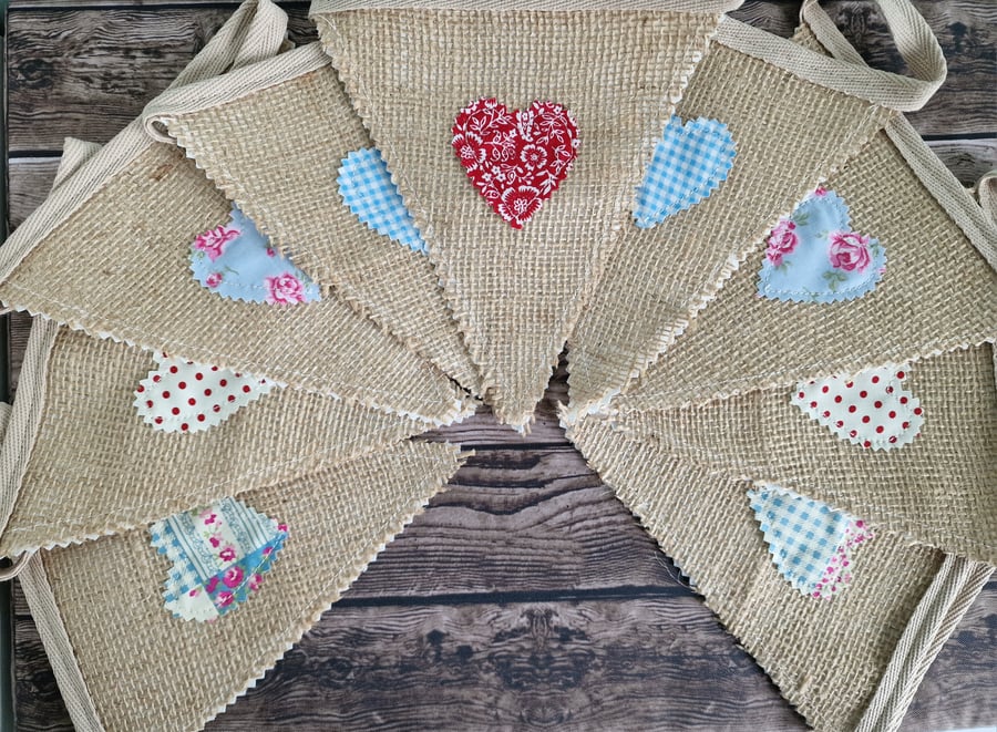 Shabby Chic Hessian Handmade Fabric Bunting - Pastel Blue & Red Hearts