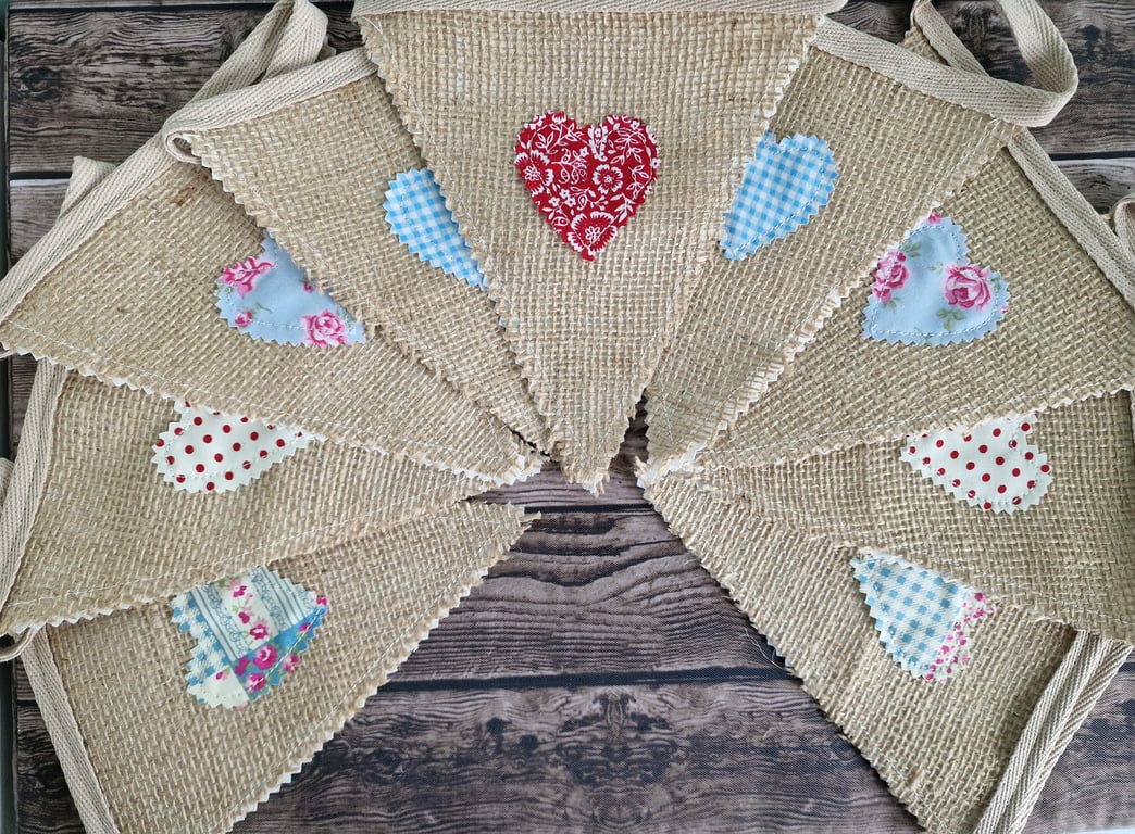 Shabby Chic Hessian Handmade Fabric Bunting - Pastel Blue & Red Hearts