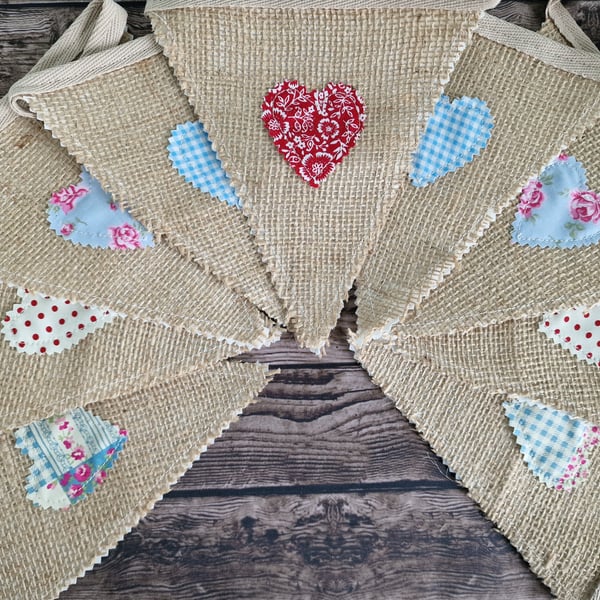 Shabby Chic Hessian Handmade Fabric Bunting - Pastel Blue & Red Hearts