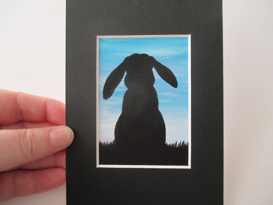 ACEO lop bunny rabbit silhouette sky original miniature art painting picture 