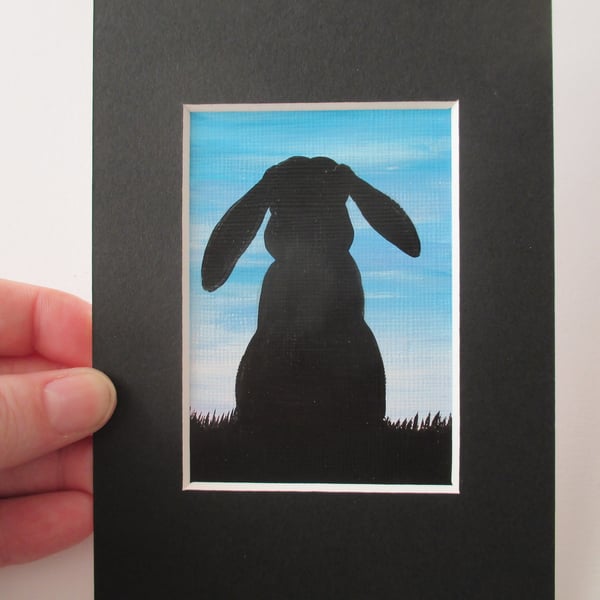 ACEO lop bunny rabbit silhouette sky original miniature art painting picture 