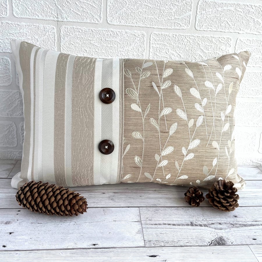 Cream and Beige Rectangular Cushion with Leaves and Stripes