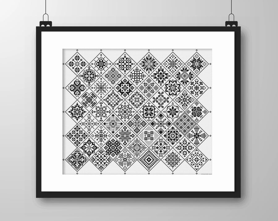 042B - Cross Stitch Quaker Sampler - Monochrome Blackwork tiled pat