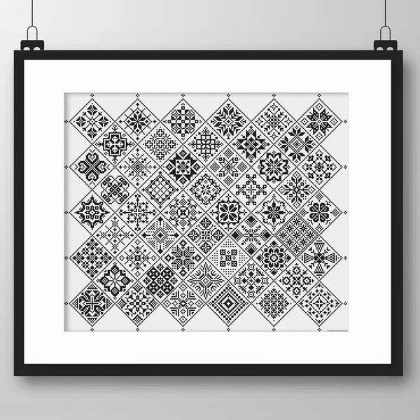 042B - Cross Stitch Quaker Sampler - Monochrome Blackwork tiled pat