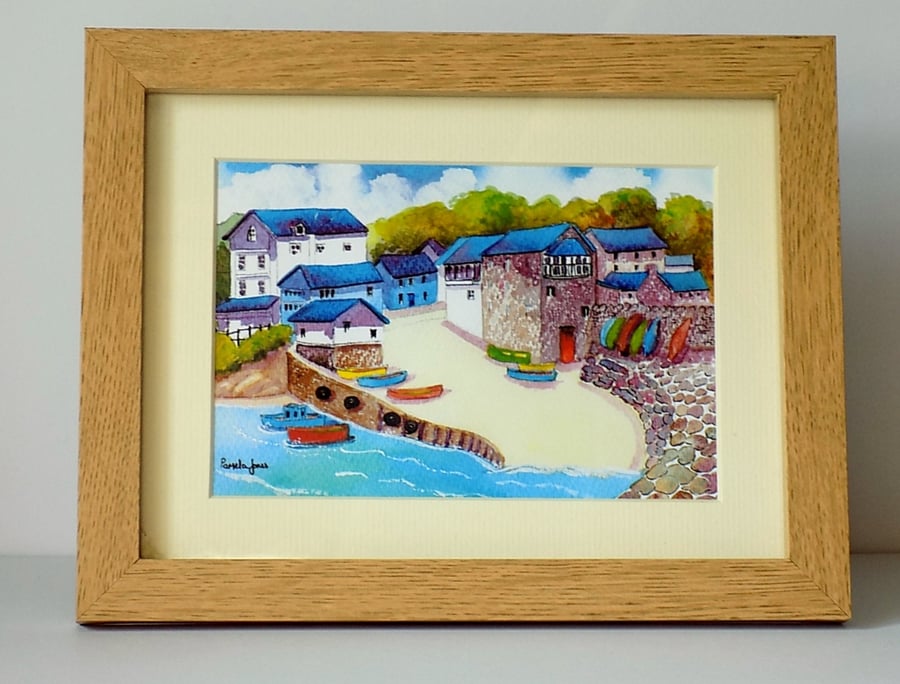 New Quay Harbour,Cardigan Bay, West Wales, a Watercolour Print in 8 x 6 '' Frame