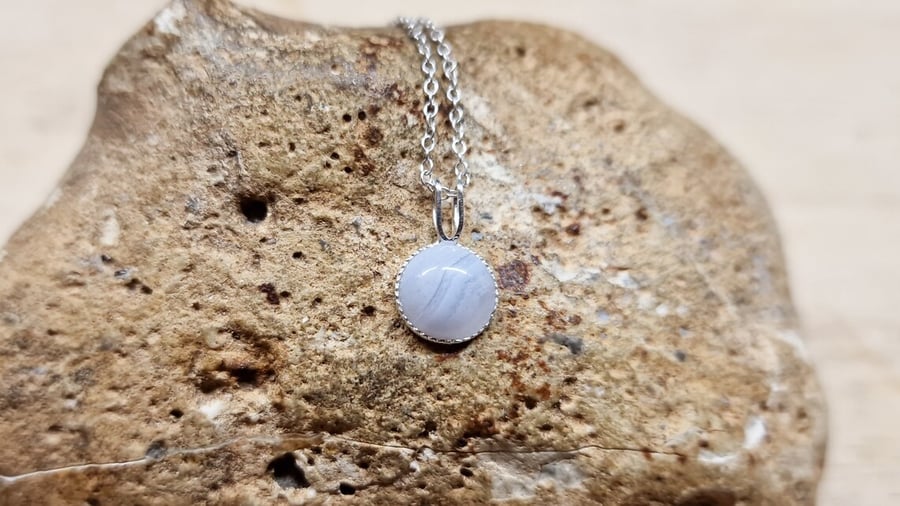 Tiny round Blue lace agate pendant necklace. 8mm Pisces jewellery 925 sterling