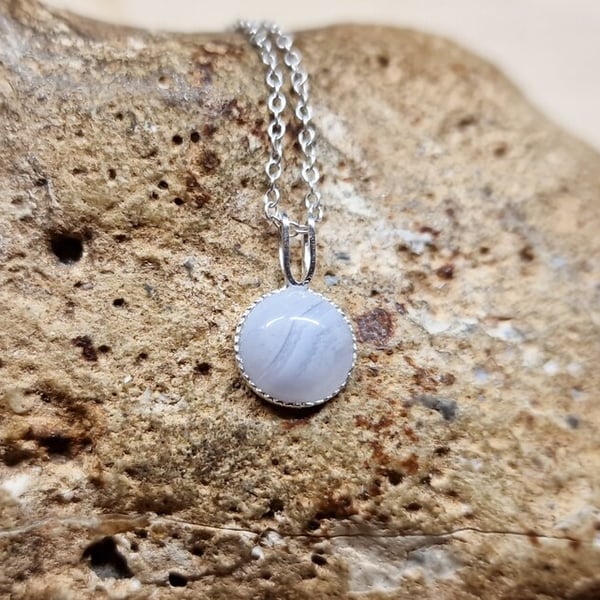 Tiny round Blue lace agate pendant necklace. 8mm Pisces jewellery 925 sterling