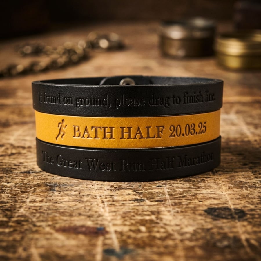 Half Marathon - Leather Bracelet - Personalised - Choice of Colours - Adjustable