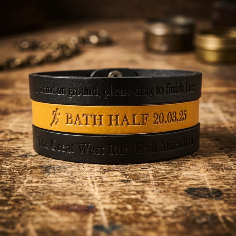 Half Marathon - Leather Bracelet - Personalised - Choice of Colours - Adjustable