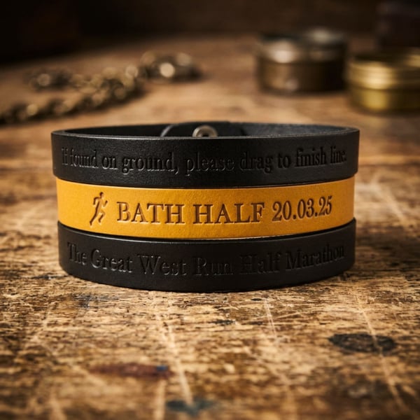 Half Marathon - Leather Bracelet - Personalised - Choice of Colours - Adjustable