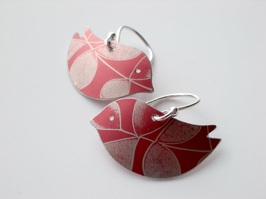 Bird earrings with autumn leaf print