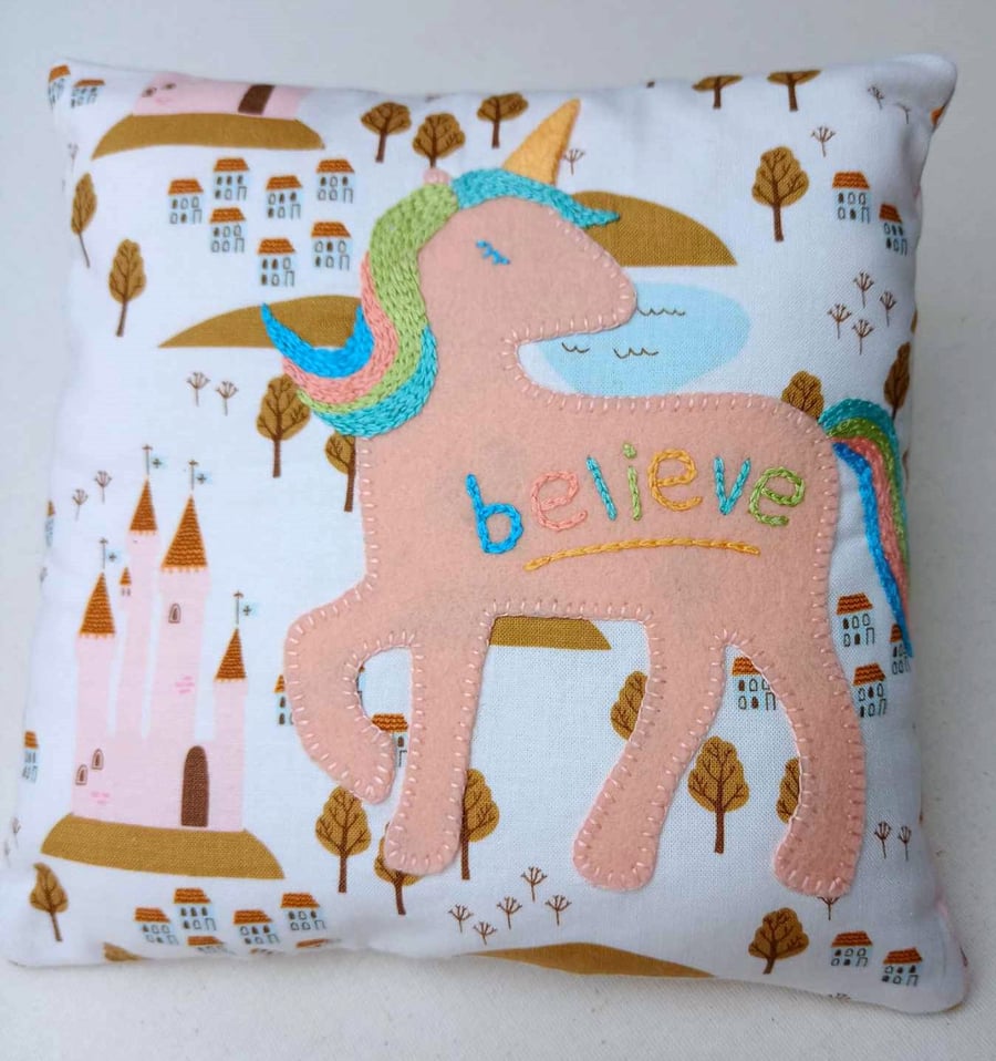 Unicorn mini cushion - appliqued embroidered felt