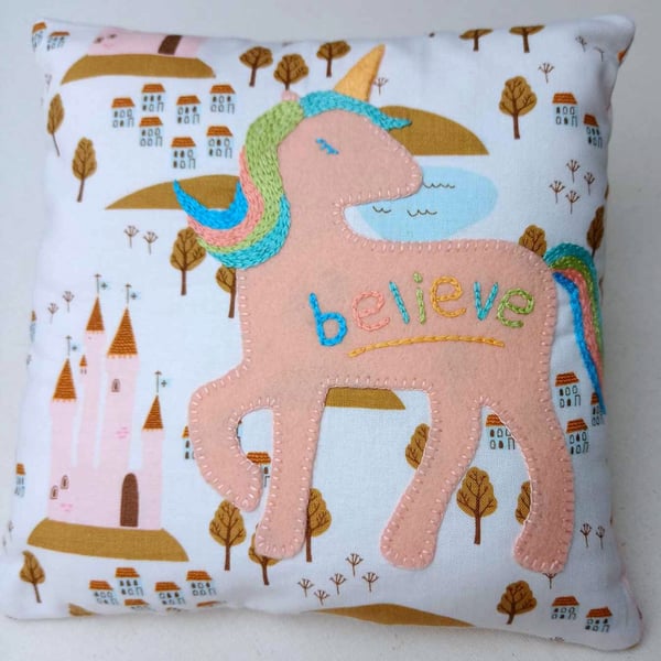 Unicorn mini cushion - appliqued embroidered felt