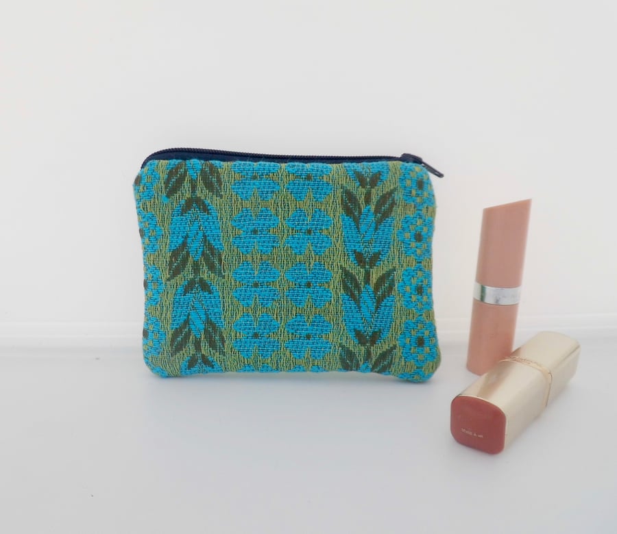 Coin purse in green and blue floral stripe fabric