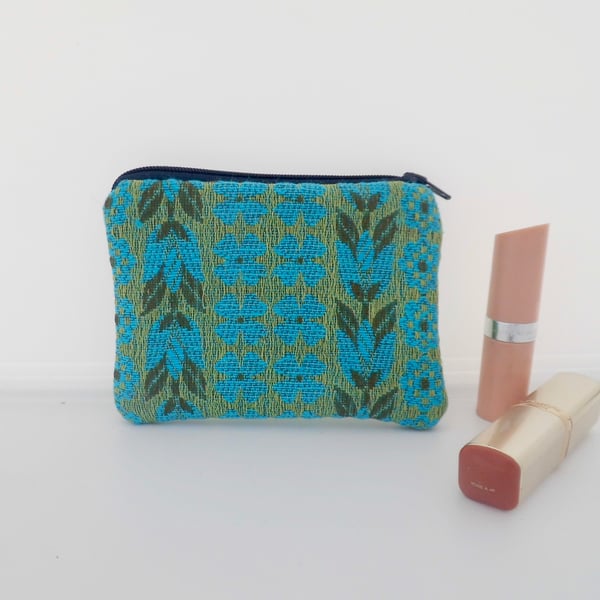 Coin purse in green and blue floral stripe fabric