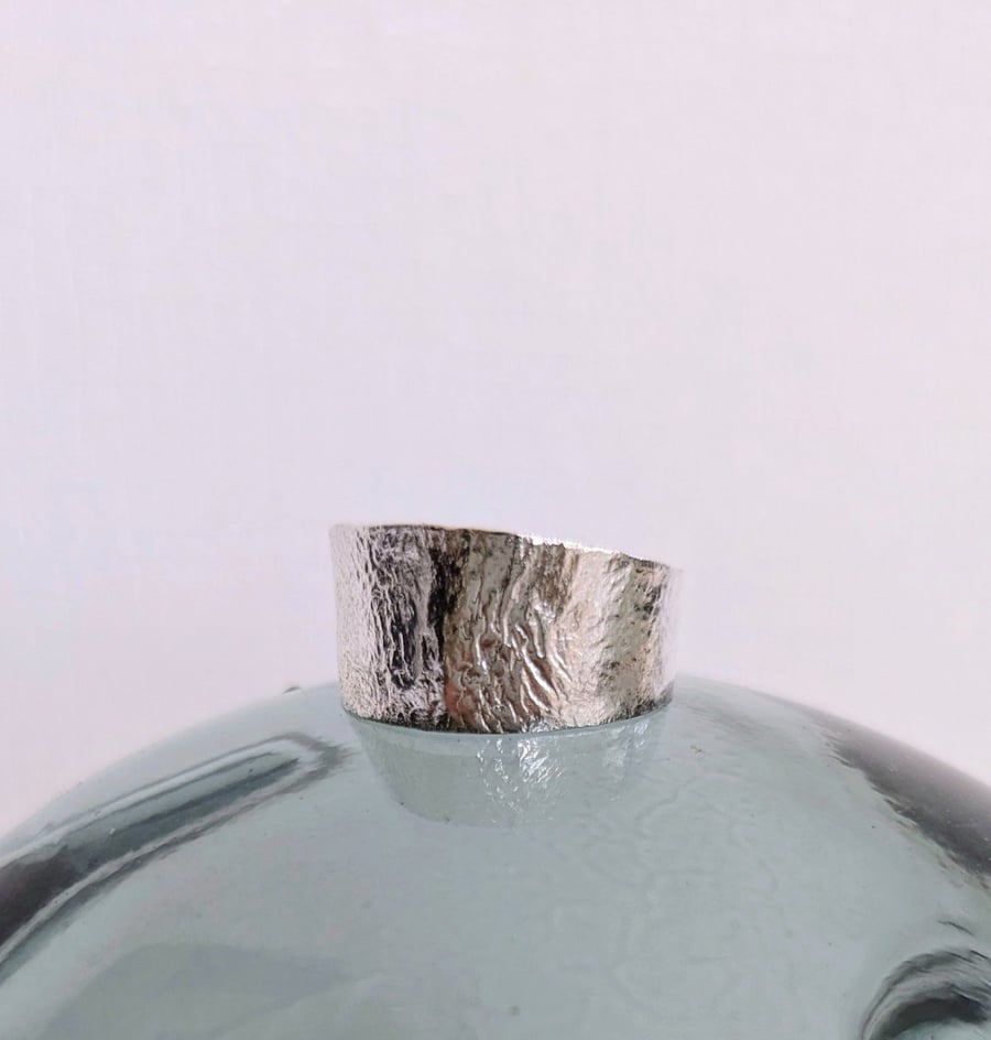 Textured Wide Band Sterling Silver Ring - Arc Shape