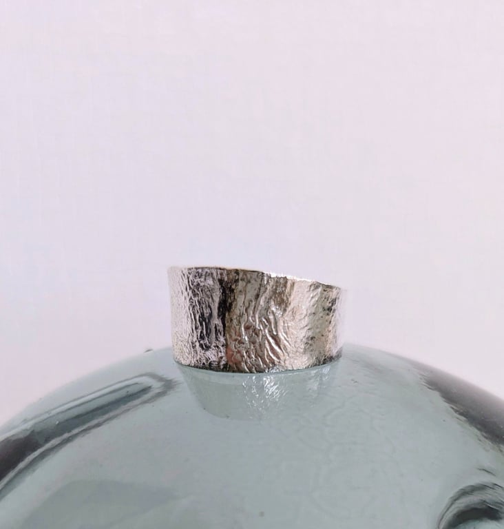 Textured Wide Band Sterling Silver Ring - Arc Shape