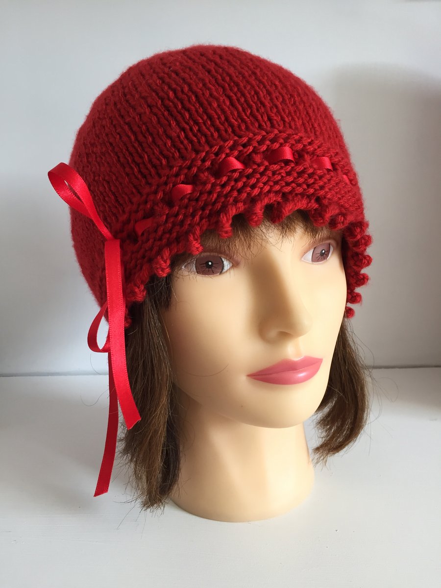 Womens Red Hat, Vintage Winter Hat, Ribbon Laced Beanie Hat, Vegan Gift Hat
