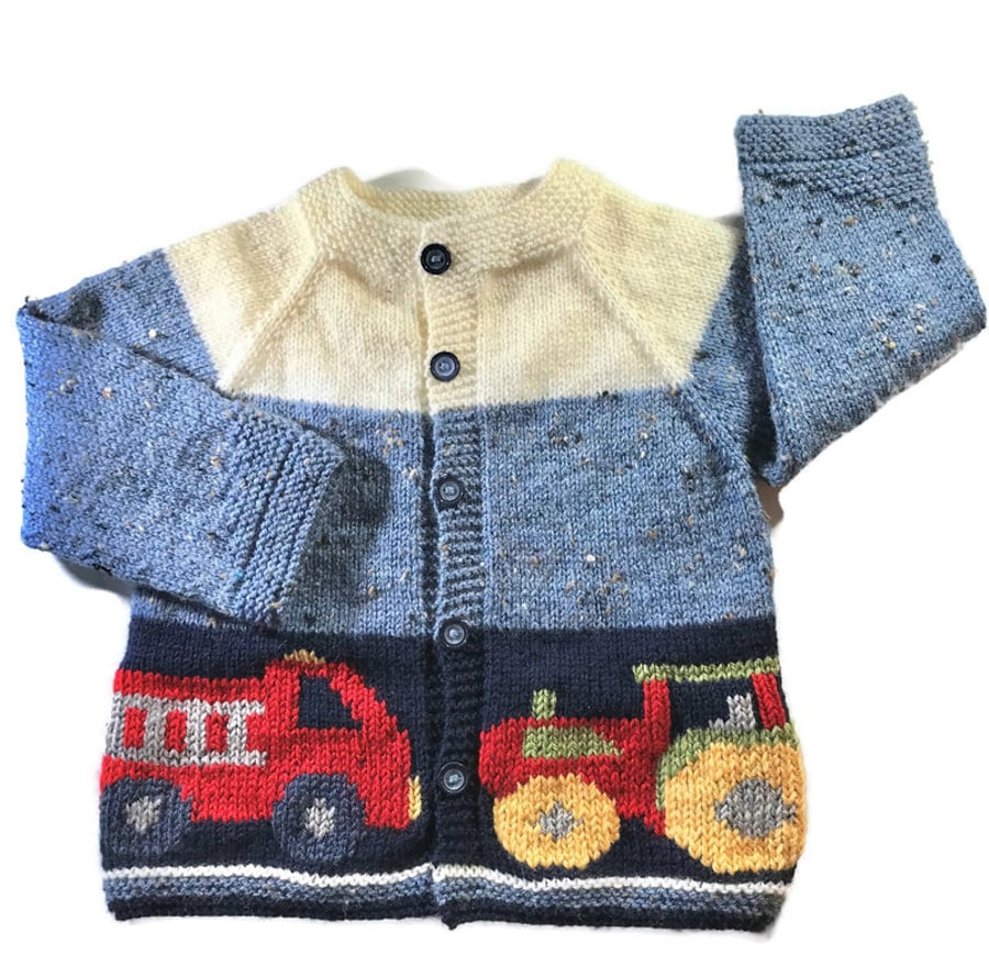 Hand knitted Boy's cardigan with fire engine and tractor design age 1 - 2 yrs 