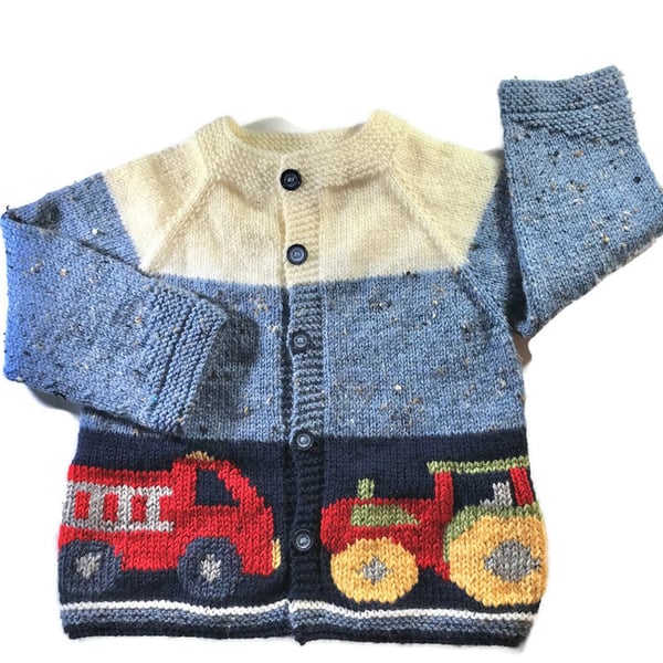 Hand knitted Boy's cardigan with fire engine and tractor design age 1 - 2 yrs 